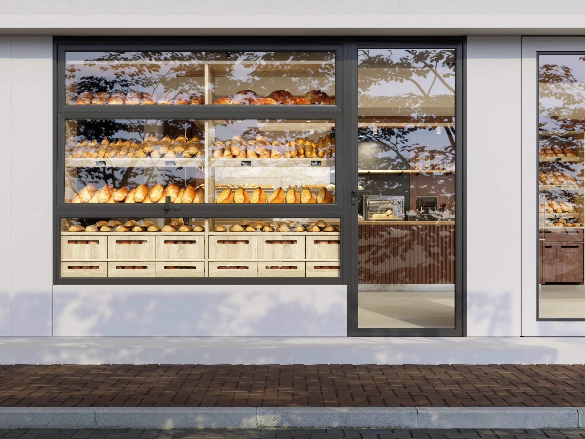 Bakery storefront with fresh bread and pastries on display