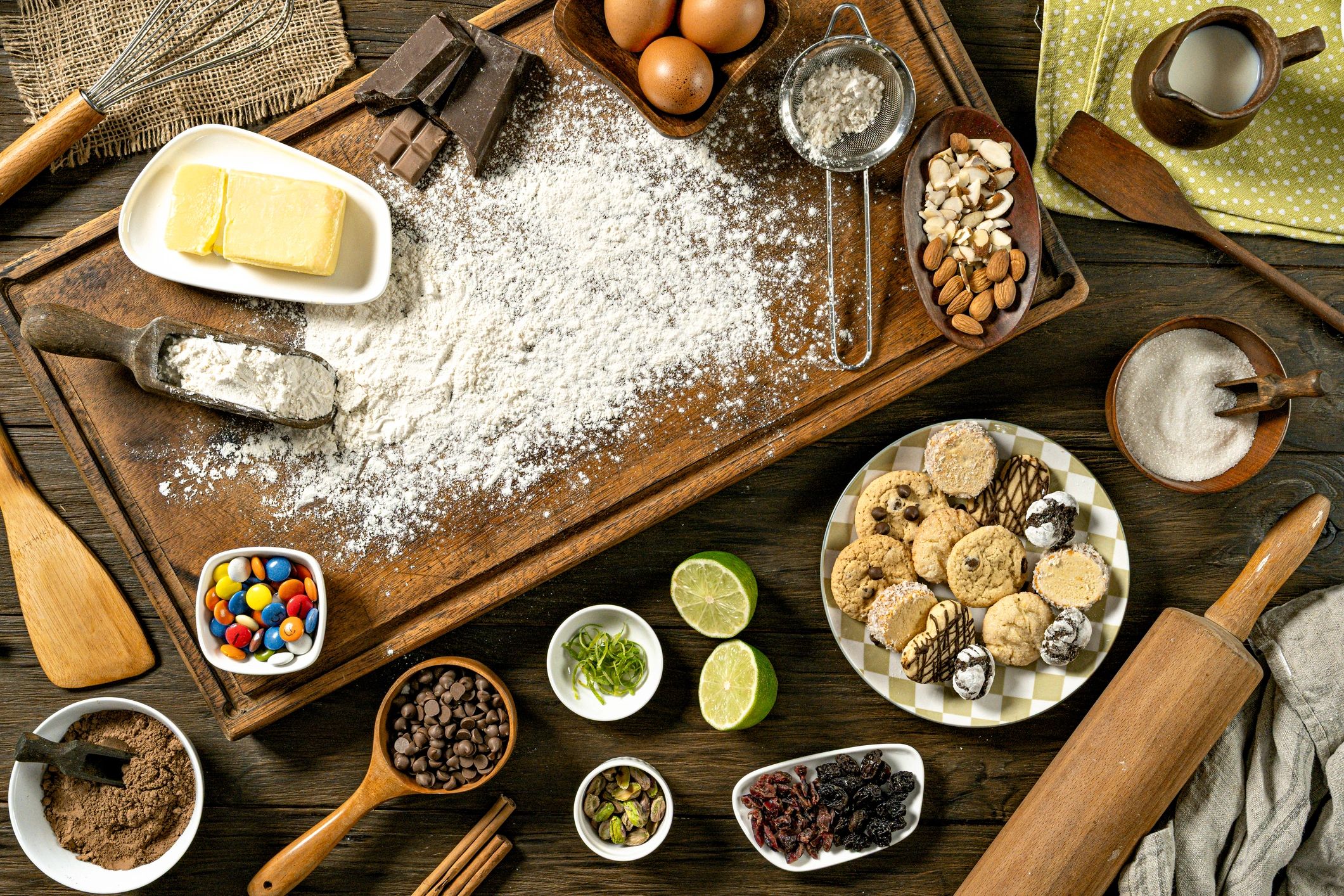 Baking ingredients on a rustic wooden table
